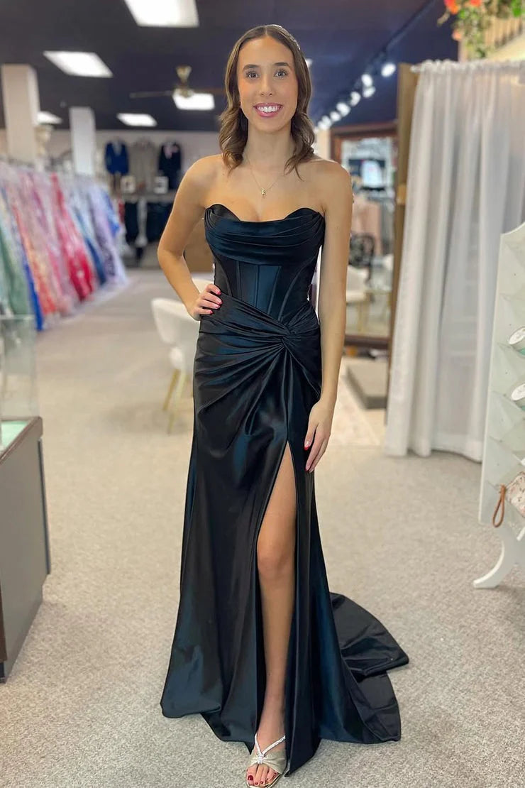 Black Satin sheath-column sweetheart lace-up-back floor-length Dress - Jimiss
