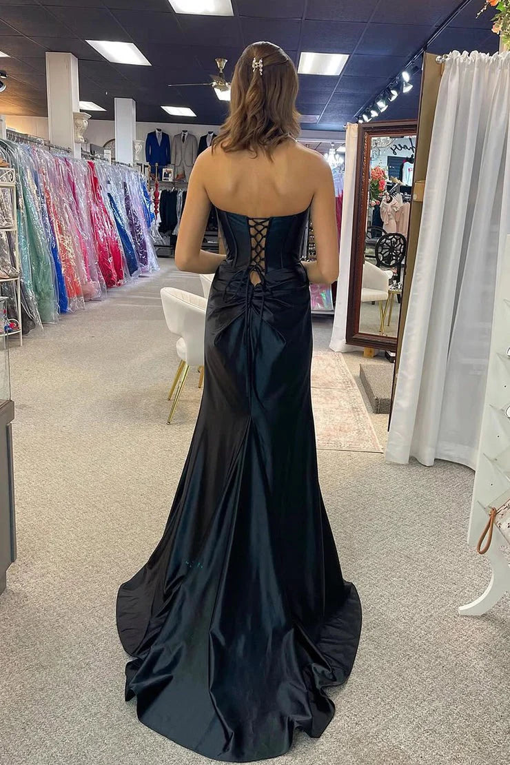 Black Satin sheath-column sweetheart lace-up-back floor-length Dress - Jimiss