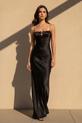 Black Satin Sheath-Column Sweetheart Zipper-Back Floor-Length Dress Front View - Jimiss