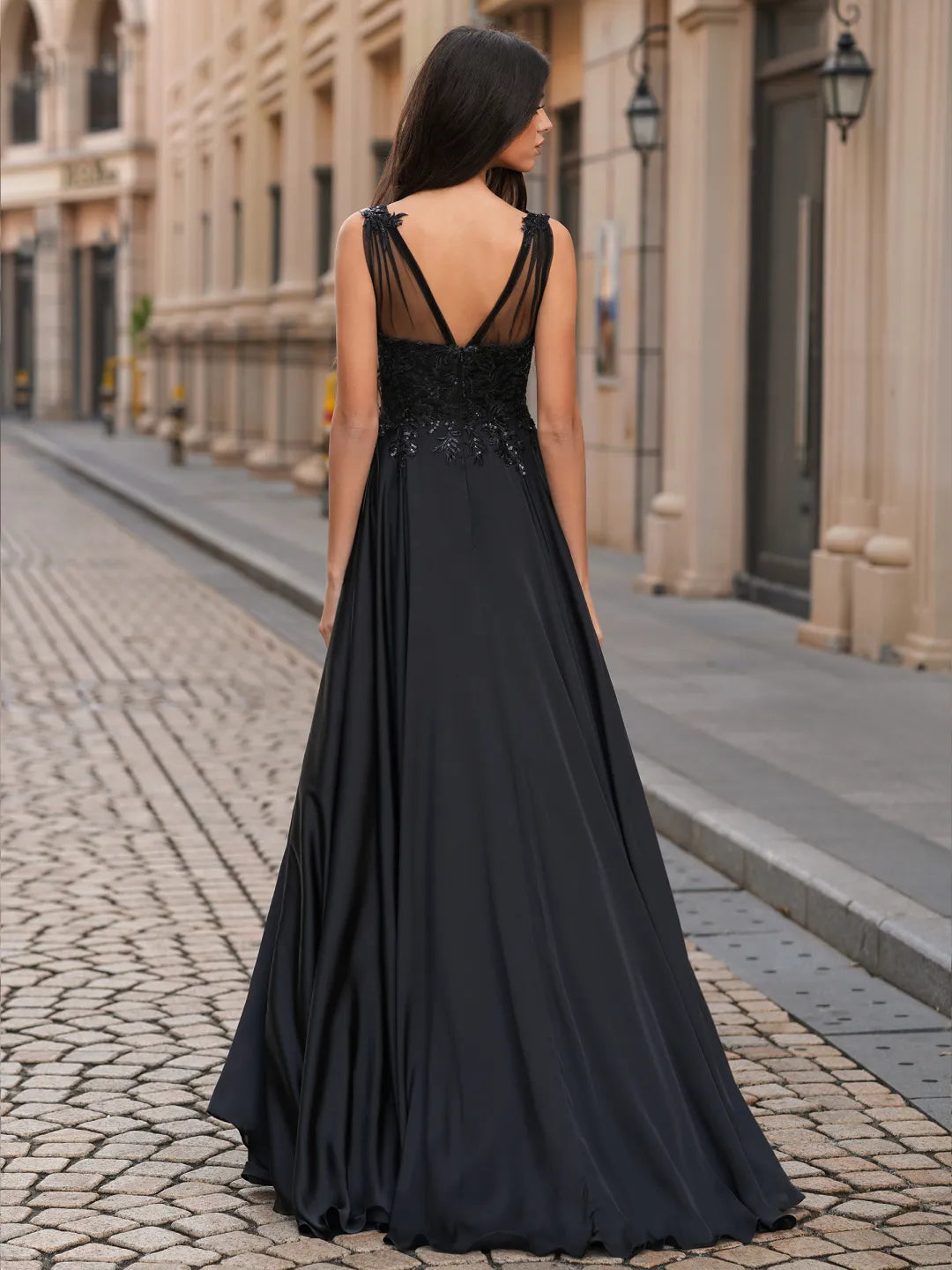 Black Sequin Lace Satin A-Line V-Neck V-Back Floor-Length Dress - Jimiss