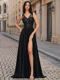 Black Sequin Lace Satin A-Line V-Neck V-Back Floor-Length Dress - Jimiss