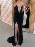 Black Sequin sheath-column plunging-v-neck low-back floor-length Dress - Jimiss