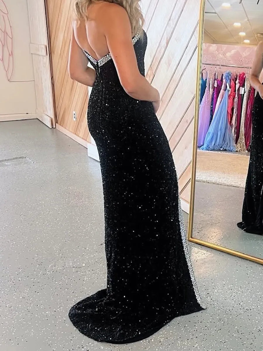 Black Sequin sheath-column plunging-v-neck low-back floor-length Dress - Jimiss