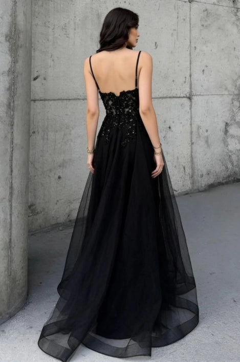 Black Tulle & Lace A-Line Sweetheart Low Back Floor-Length Dress Back View - Jimiss