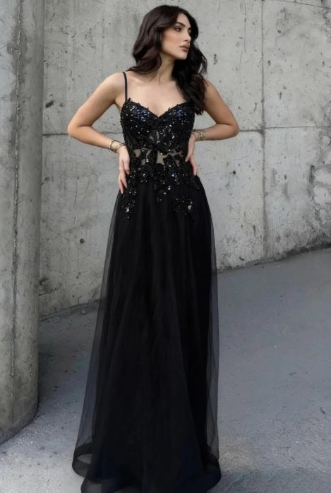 Black Tulle & Lace A-Line Sweetheart Low Back Floor-Length Dress Front View - Jimiss