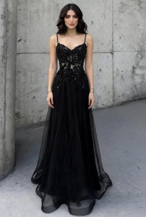 Black Tulle & Lace A-Line Sweetheart Low Back Floor-Length Dress Front View - Jimiss
