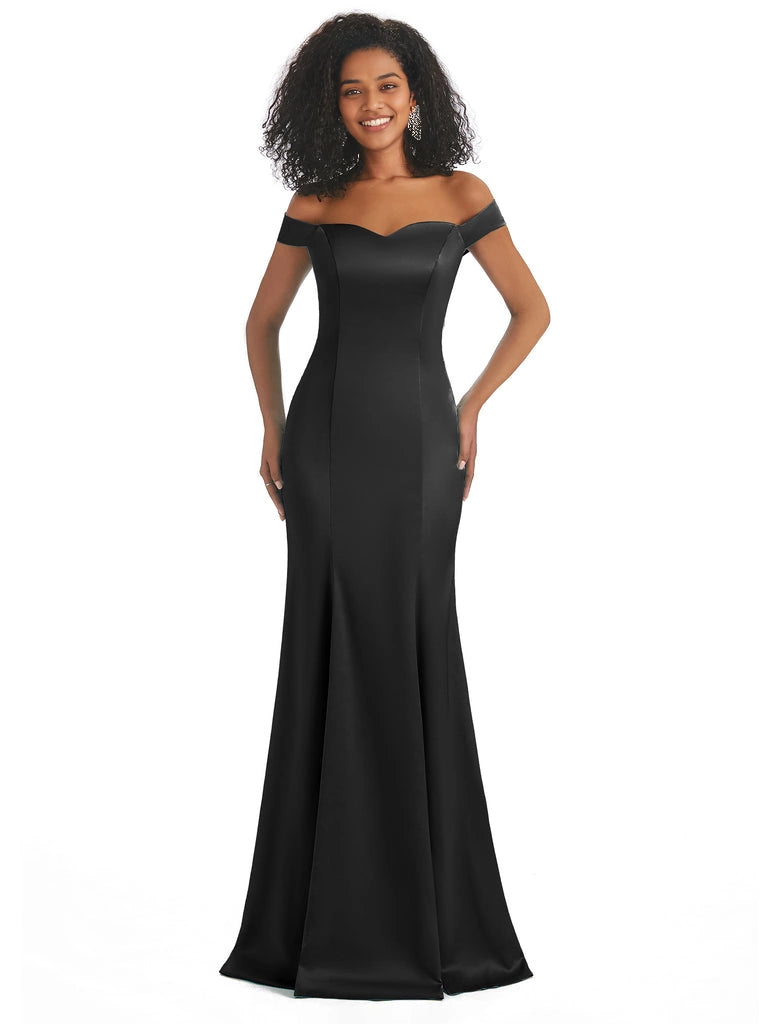 Vestidos de dama de honor largos, sencillos, de satén suave, sin mangas y con hombros descubiertos, de corte sirena