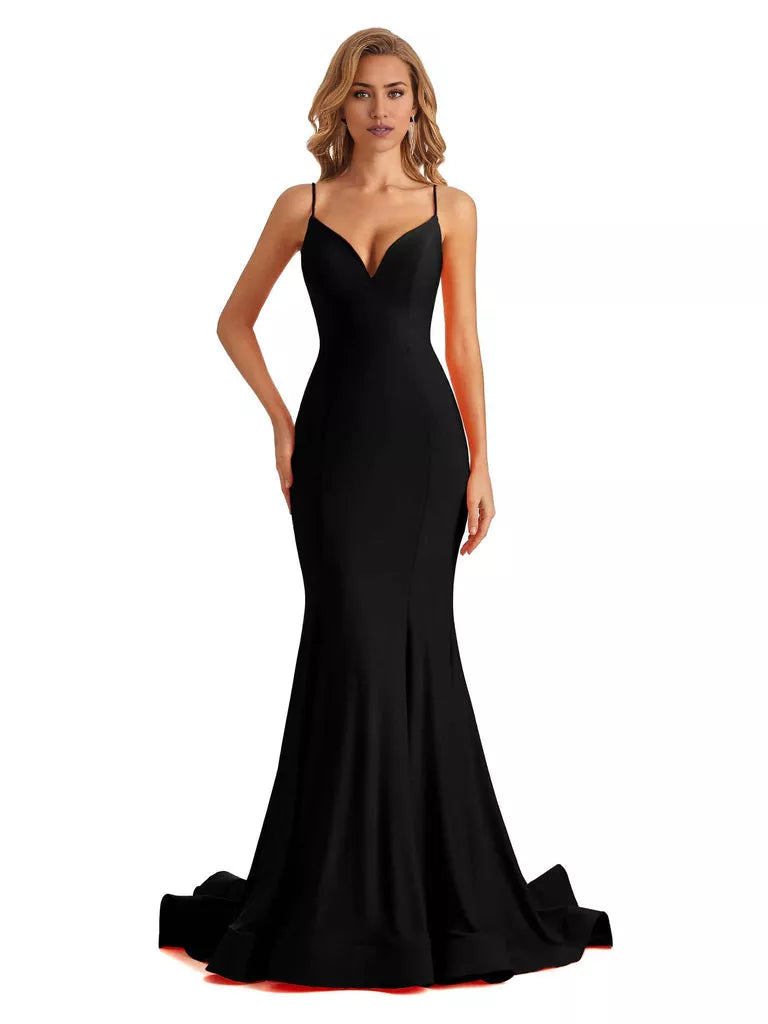 Vestido de dama de honor largo, formal, sin mangas, con escote en V y tirantes finos, de sirena, sexy