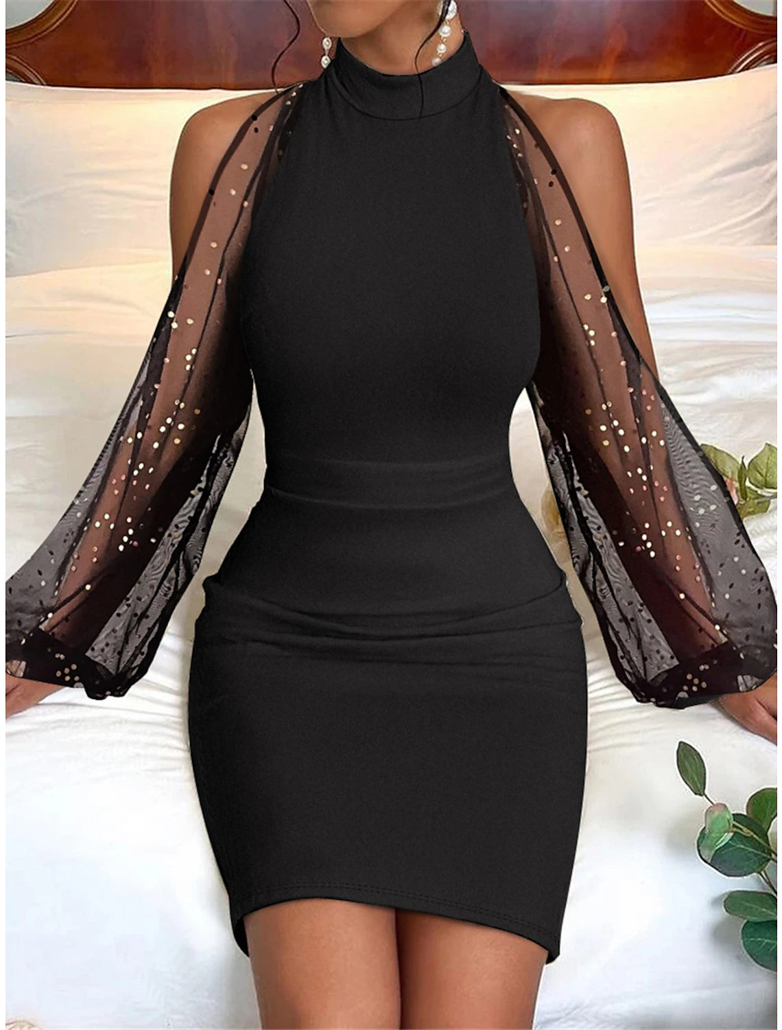 Abito nero da donna, abito sexy, abito da festa, abito da invitata a nozze, abito da ballo, mini abito blu a maniche lunghe in rete, abito invernale alla moda con colletto alla coreana, primavera autunno inverno