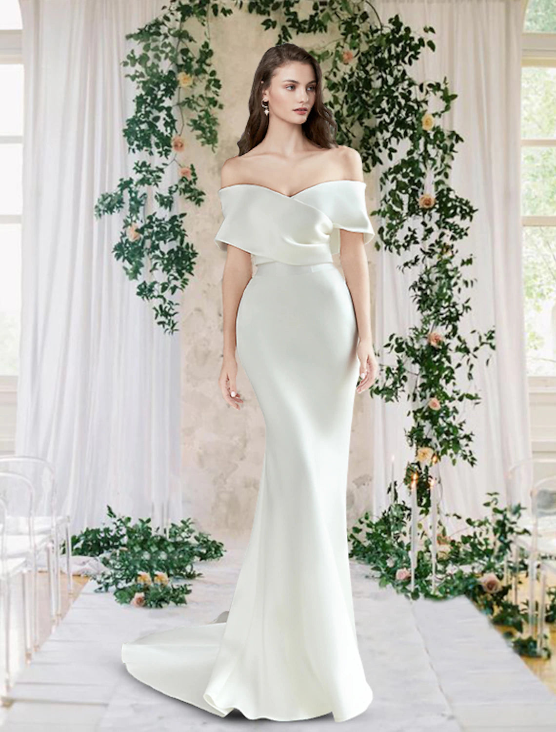 Ivory Satin Sheath/column Off-the-Shoulder Floor-Length Dress with Draped Bodice