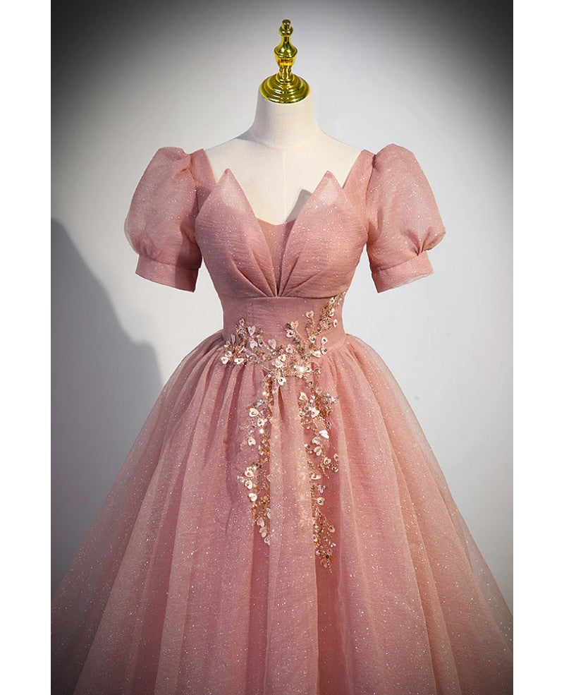 Elegante vestido de noche largo hasta el suelo, de manga corta, con escote en V, parche de mariposa, flores y escote en V, con mangas abullonadas y escote en V pronunciado.