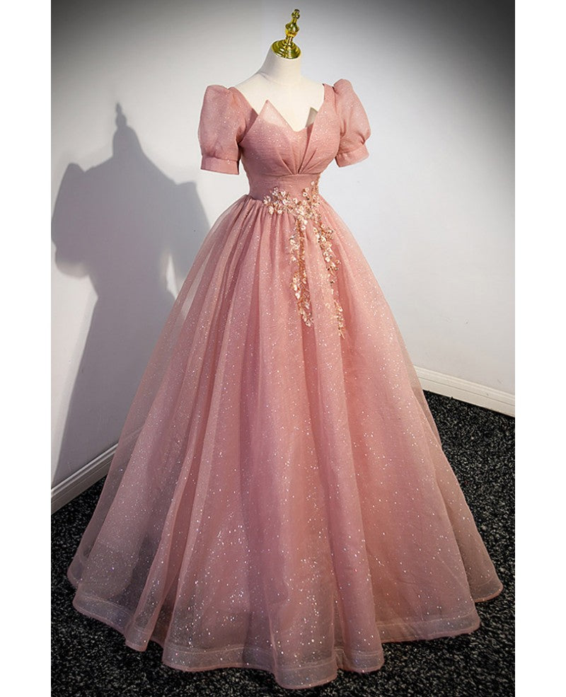 Elegante vestido de noche largo hasta el suelo, de manga corta, con escote en V, parche de mariposa, flores y escote en V, con mangas abullonadas y escote en V pronunciado.