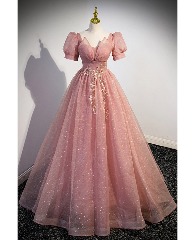 Elegante vestido de noche largo hasta el suelo, de manga corta, con escote en V, parche de mariposa, flores y escote en V, con mangas abullonadas y escote en V pronunciado.