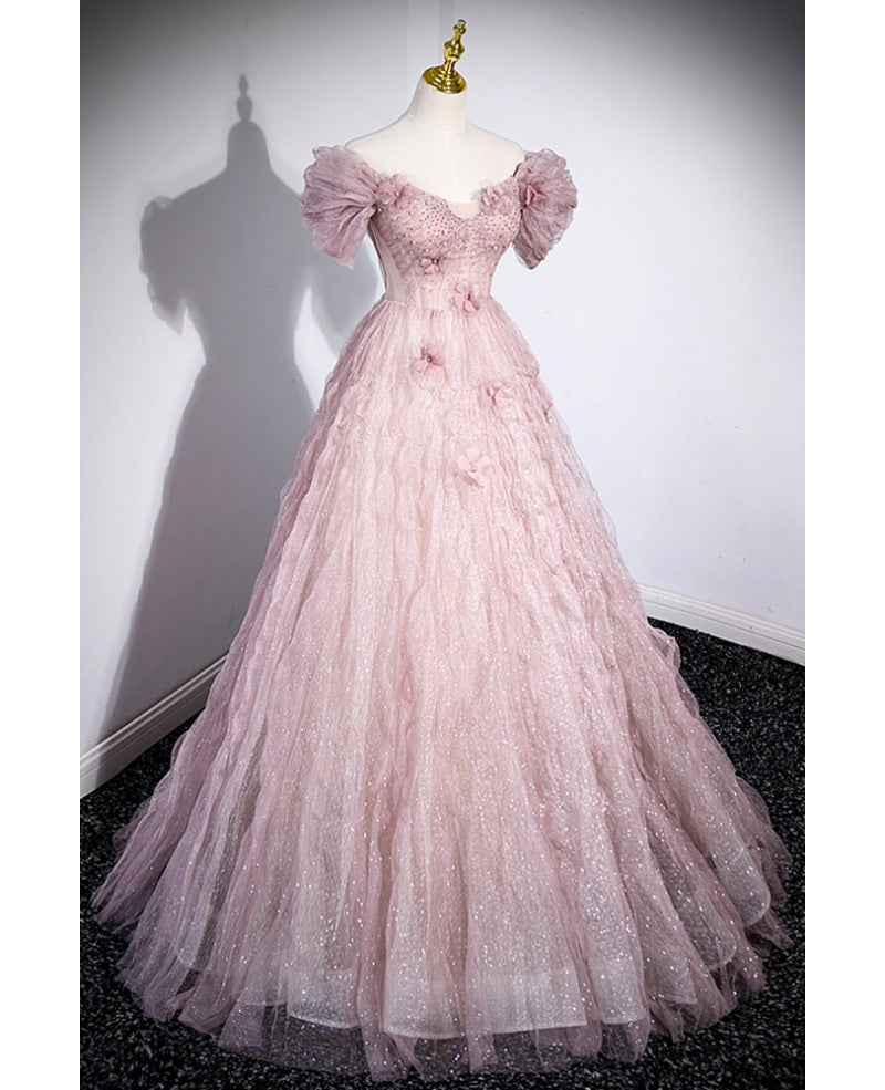 Unique powder blusher pink glitter sequins off shoulder rhinestone applique short sleeve prom dress powder blusher pink A-line princess backless strap long evening dress