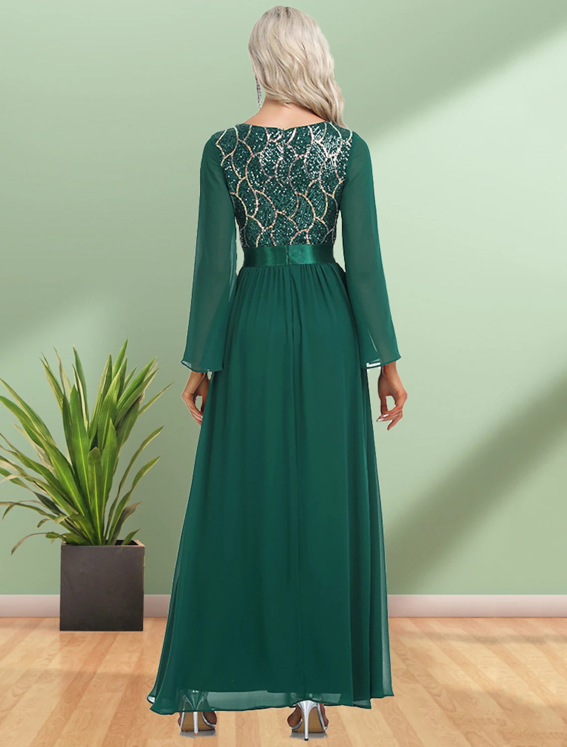 Emerald Chiffon A-Line V-Neck Floor-Length Dress with Sequin Bodice