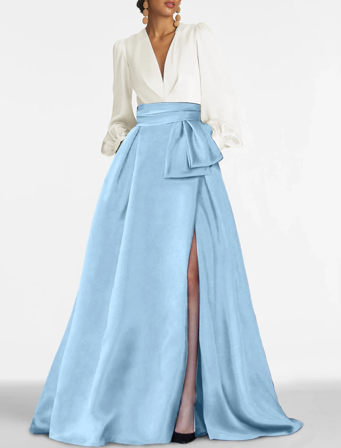 Abito da sera a trapezio, elegante, formale, con strascico a spazzola, rosso verde, manica lunga, scollo a V, raso con pieghe e spacco