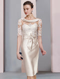 Champagne Satin Midi Sheath/column Dress with Lace Illusion Neckline & Bow Waist