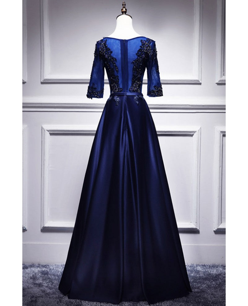 Elegante y noble vestido de noche azul de manga corta con encaje, apliques de encaje, escote en V azul, satén y cremallera trasera con cuentas, largo hasta el suelo.