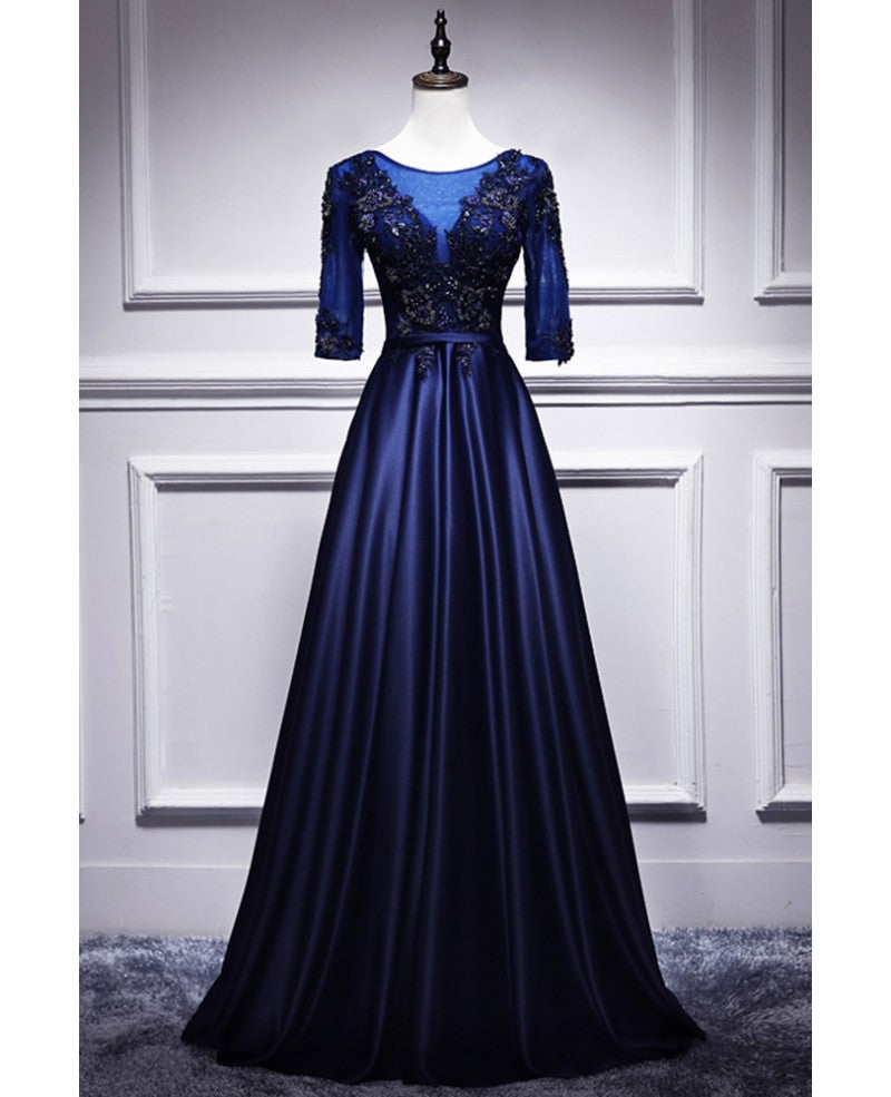 Elegante y noble vestido de noche azul de manga corta con encaje, apliques de encaje, escote en V azul, satén y cremallera trasera con cuentas, largo hasta el suelo.