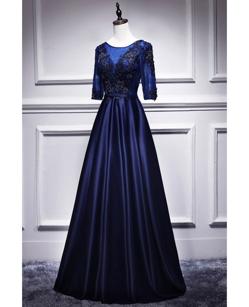 Elegante y noble vestido de noche azul de manga corta con encaje, apliques de encaje, escote en V azul, satén y cremallera trasera con cuentas, largo hasta el suelo.