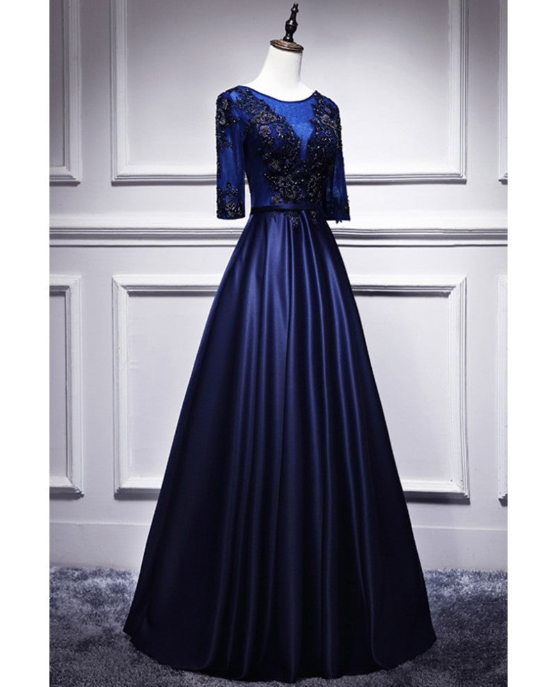 Elegante y noble vestido de noche azul de manga corta con encaje, apliques de encaje, escote en V azul, satén y cremallera trasera con cuentas, largo hasta el suelo.