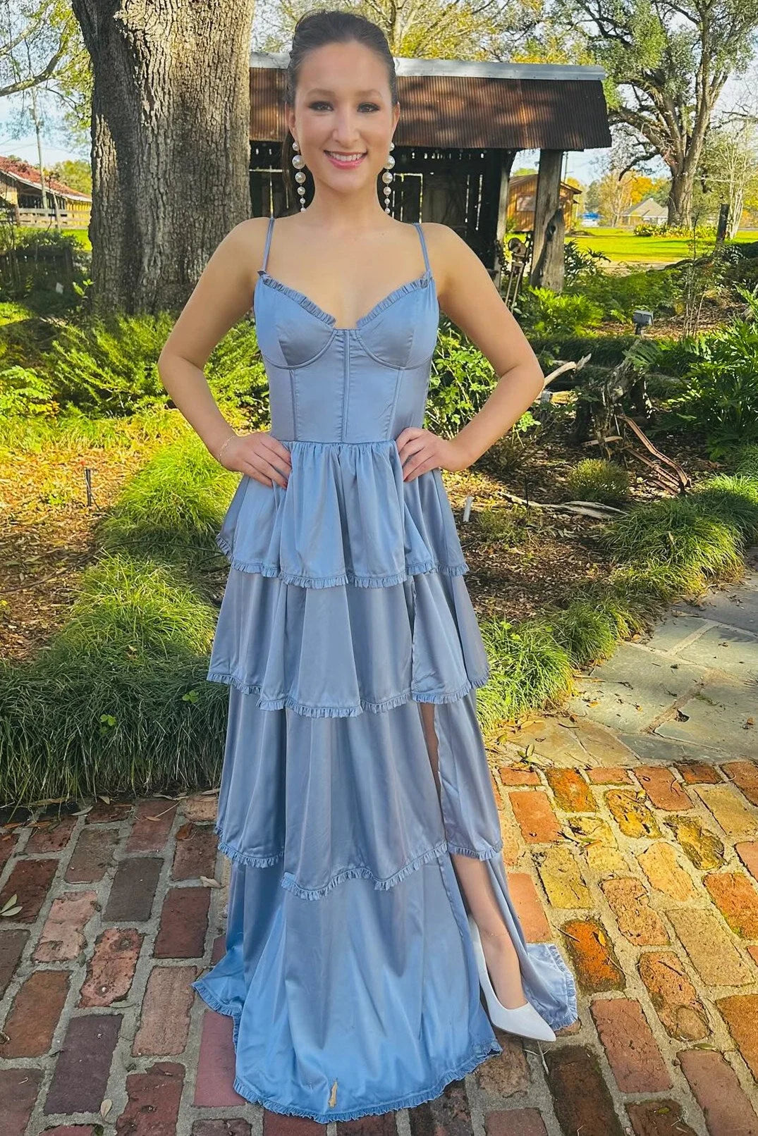 Romantic A-Line Sweetheart Sleeveless Tiered Dusty-Blue Long Prom Dress