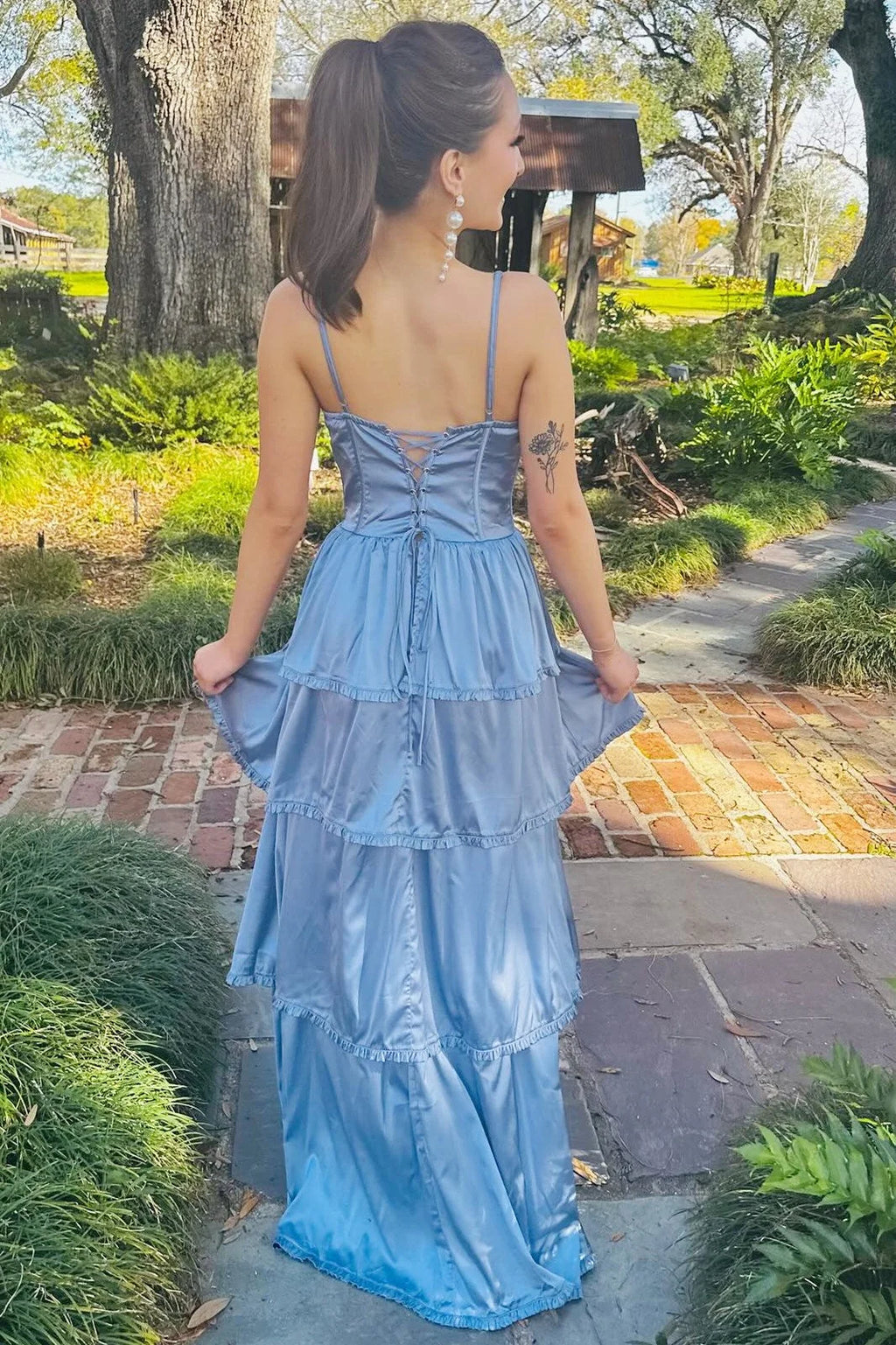 Romantic A-Line Sweetheart Sleeveless Tiered Dusty-Blue Long Prom Dress