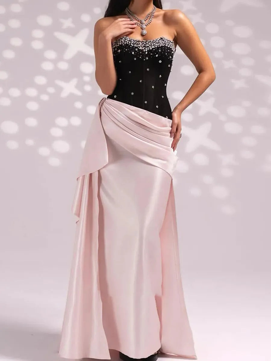 Blushing Pink & Black Satin A Line Sweetheart Open Back Floor-Length Dress - Jimiss