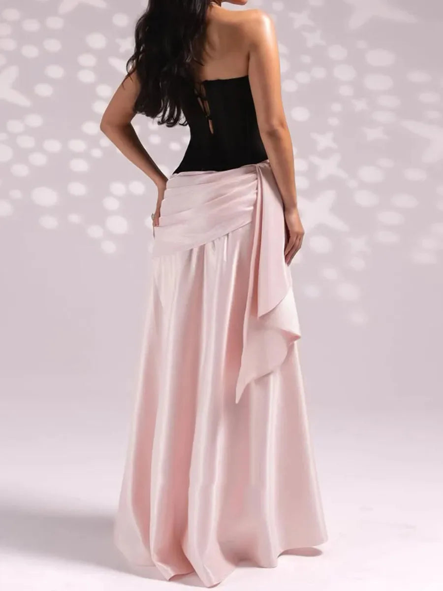 Blushing Pink & Black Satin A Line Sweetheart Open Back Floor-Length Dress - Jimiss