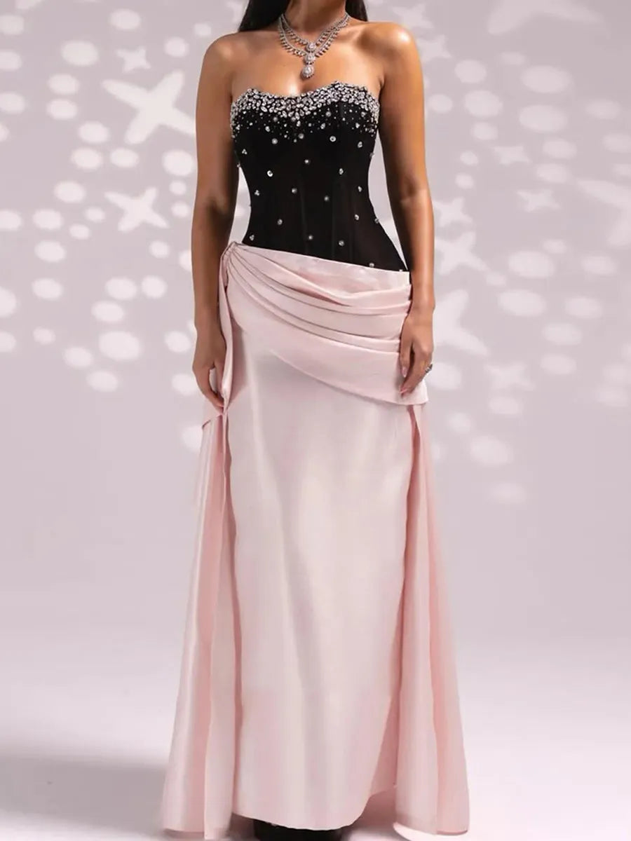 Blushing Pink & Black Satin A Line Sweetheart Open Back Floor-Length Dress - Jimiss