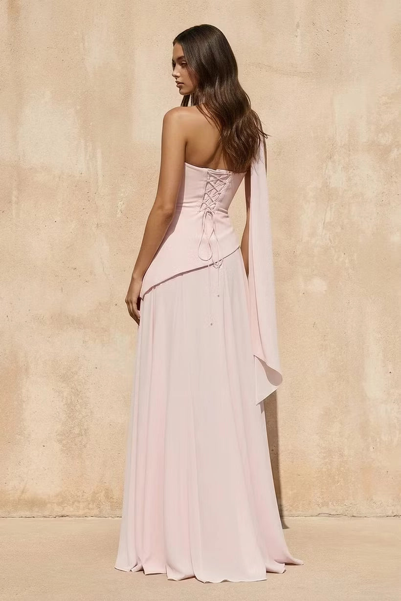Blushing Pink Chiffon A-Line Cowl Neck Lace Up Back Floor Length Dress Back View - Jimiss