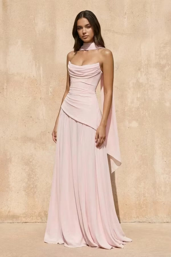 Blushing Pink Chiffon A-Line Cowl Neck Lace Up Back Floor Length Dress Front View - Jimiss