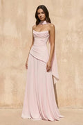 Blushing Pink Chiffon A-Line Cowl Neck Lace Up Back Floor Length Dress Front View - Jimiss