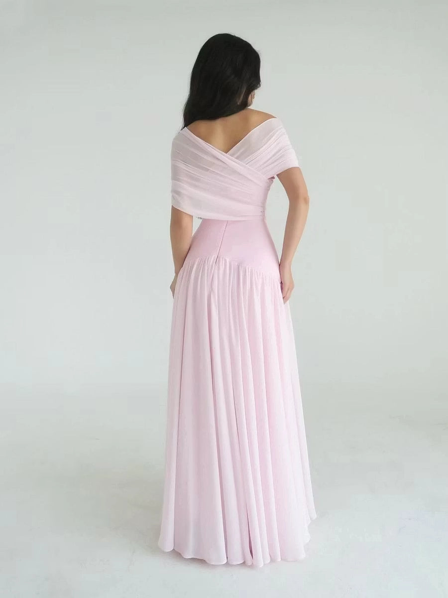 Blushing Pink Chiffon A-Line Off the Shoulder V-Back Floor Length Dress Back View - Jimiss