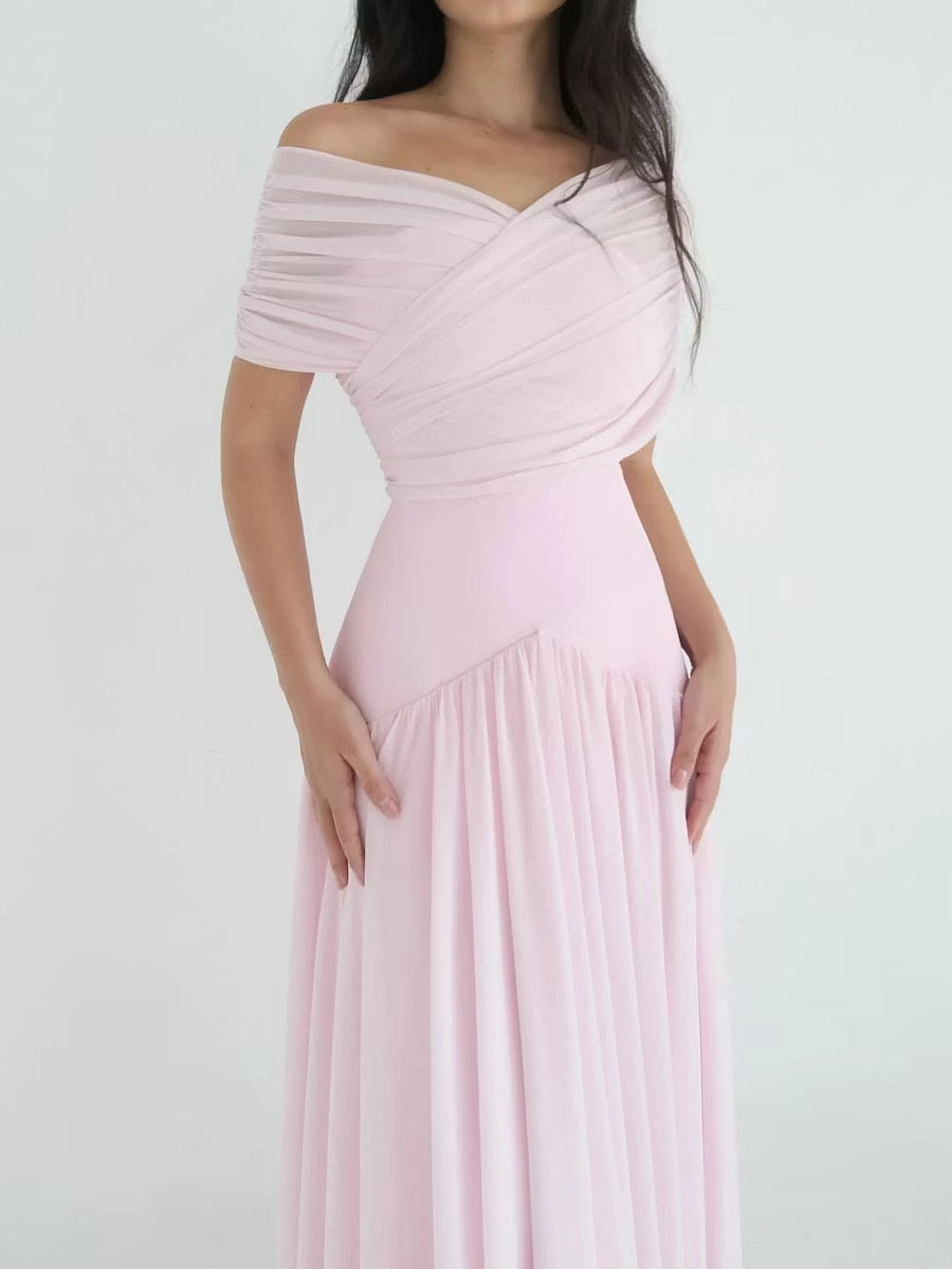 Blushing Pink Chiffon A-Line Off the Shoulder V-Back Floor Length Dress Detail - Jimiss