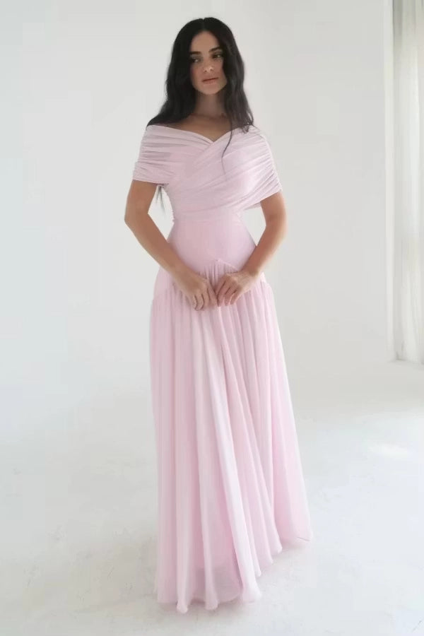 Blushing Pink Chiffon A-Line Off the Shoulder V-Back Floor Length Dress Front View - Jimiss