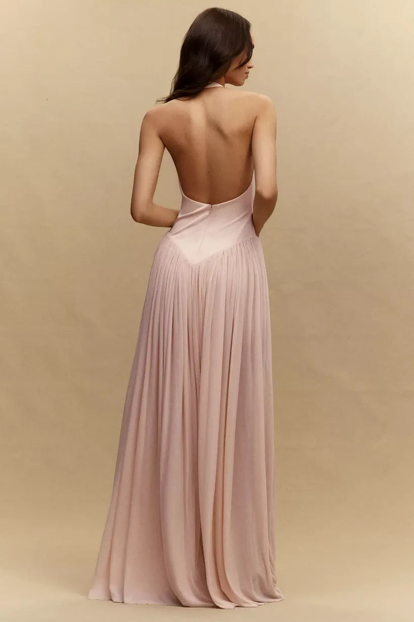 Blushing Pink Chiffon A-Line Plunging V-Neck Open Back Floor-Length Dress Back View - Jimiss