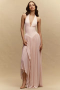 Blushing Pink Chiffon A-Line Plunging V-Neck Open Back Floor-Length Dress Front View - Jimiss