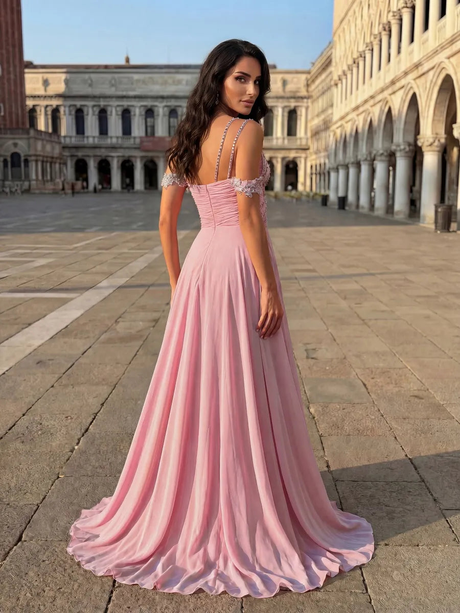 Blushing Pink Chiffon A-Line Sweetheart Zipper-Back Floor-Length Dress - Jimiss