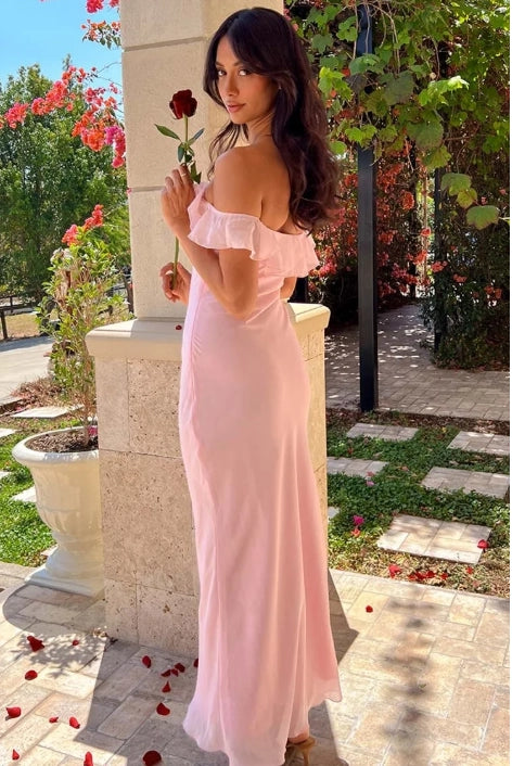 Blushing Pink Chiffon Sheath Column Off the Shoulder Zipper Back Maxi Dress Back View - Jimiss