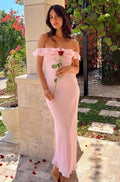 Blushing Pink Chiffon Sheath Column Off the Shoulder Zipper Back Maxi Dress Front View - Jimiss