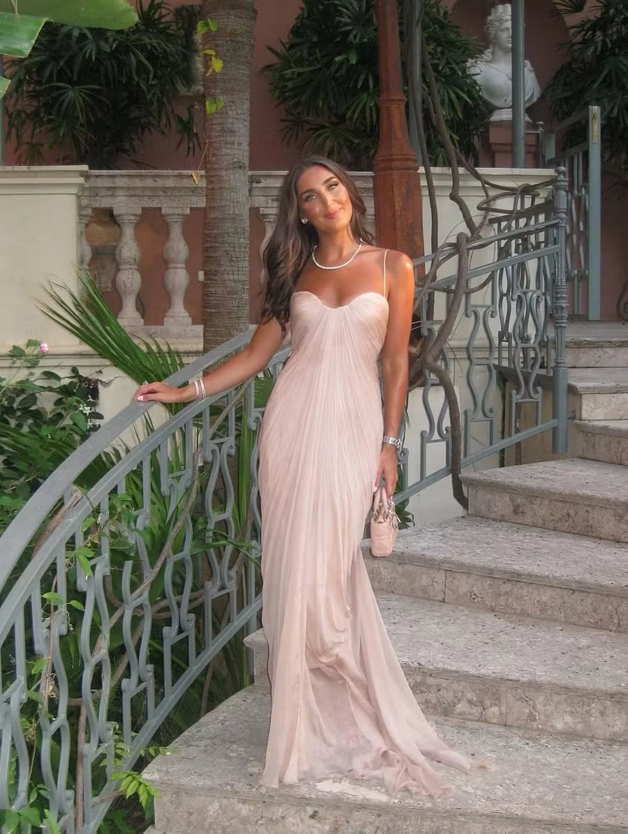 Blushing Pink Chiffon sheath-column sweetheart lace-up-back floor-length Dress Front View - Jimiss