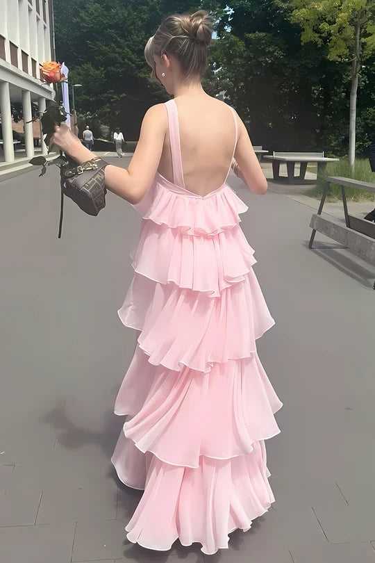 Blushing Pink Chiffon tiered halter open-back floor-length Dress Back View - Jimiss