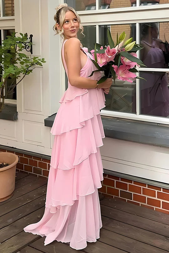 Blushing Pink Chiffon tiered halter open-back floor-length Dress Detail - Jimiss