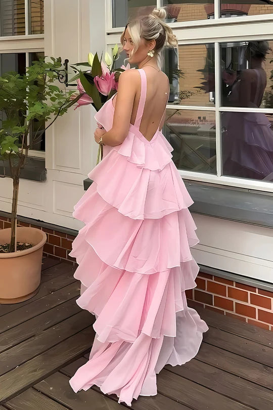 Blushing Pink Chiffon tiered halter open-back floor-length Dress Detail - Jimiss