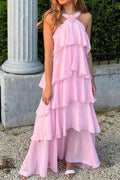 Blushing Pink Chiffon tiered halter open-back floor-length Dress Front View - Jimiss