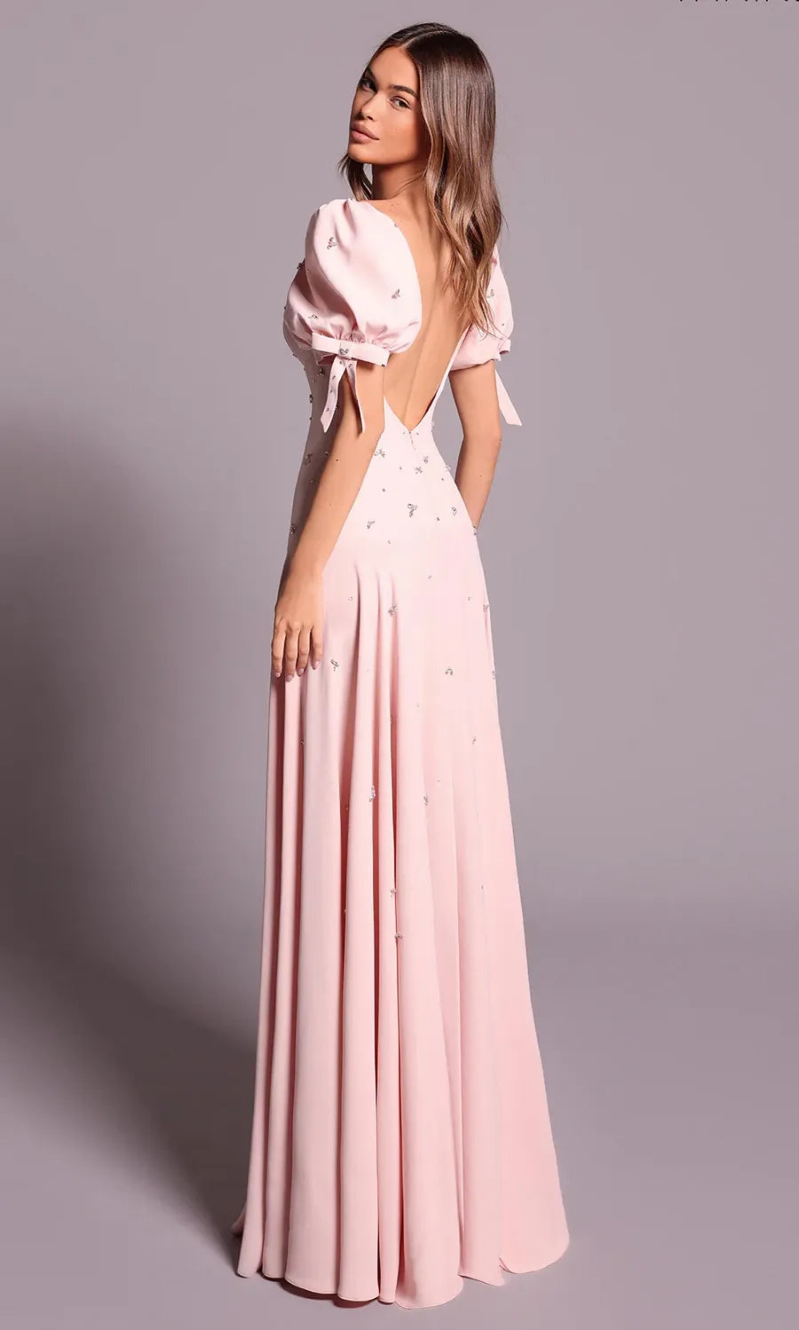 Blushing Pink Crepe A-Line Scoop Neck V-Back Floor-Length Dress Back View - Jimiss
