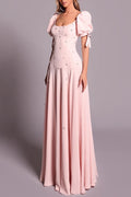 Blushing Pink Crepe A-Line Scoop Neck V-Back Floor-Length Dress Front View - Jimiss
