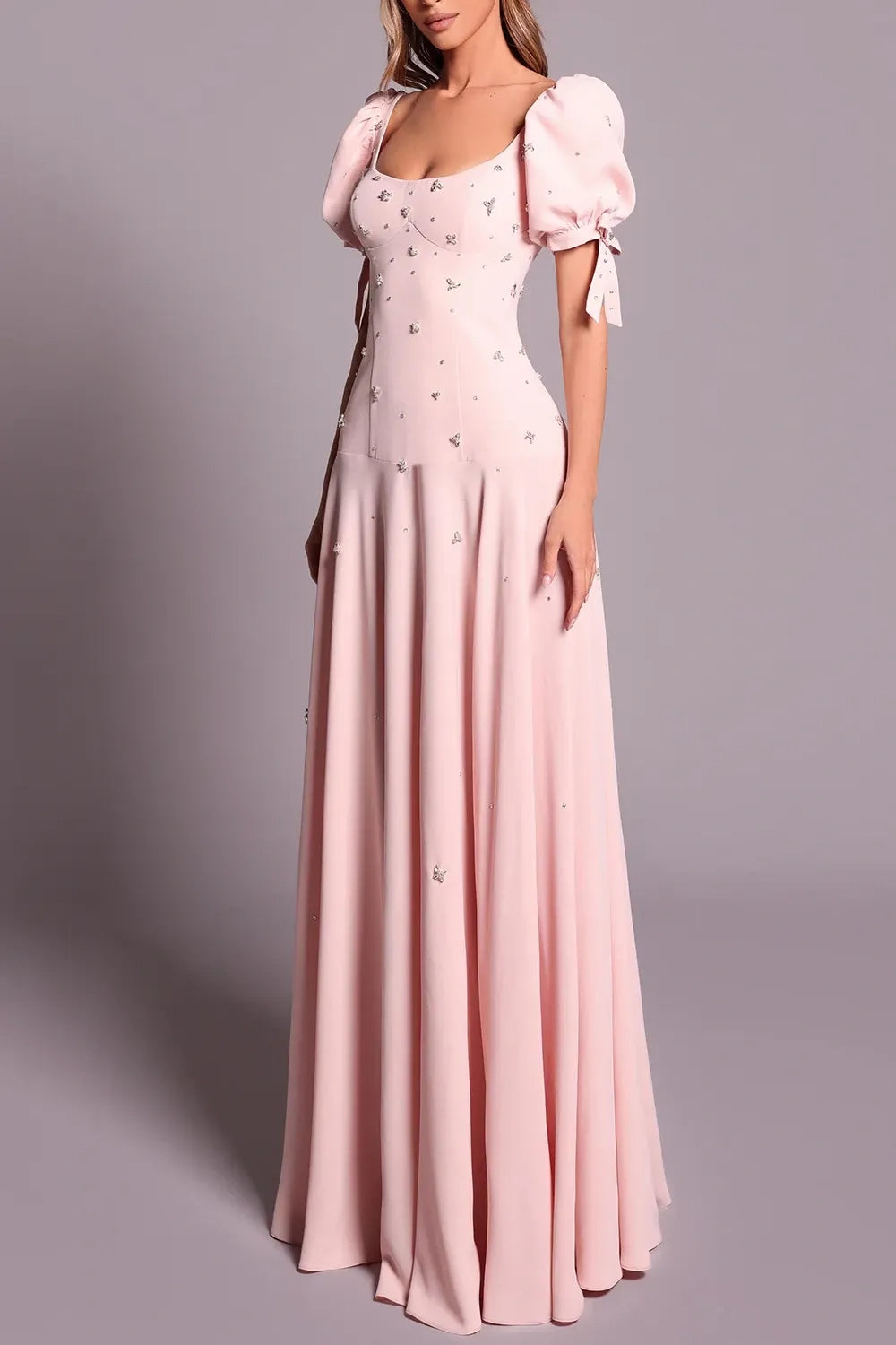 Blushing Pink Crepe A-Line Scoop Neck V-Back Floor-Length Dress Front View - Jimiss