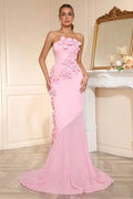 Blushing Pink Crepe and Chiffon Mermaid Strapless Zipper Back Floor Length Dress Front View - Jimiss